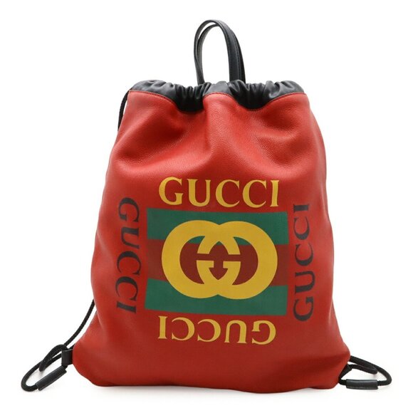 Gucci Print Drawstring Backpack Rucksack Tote Bag Leather Red Black 516639 - Picture 1 of 10